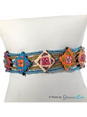 Vintage Beaded Bracelet Embroidered Textile Panels Boho Multicolor